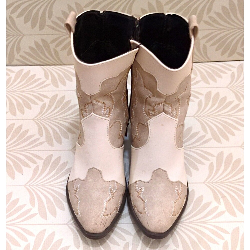 Twin Set Women’s Western Ankle Boots Beige/Gray Colorblock Pointed Toe Zip 7 US